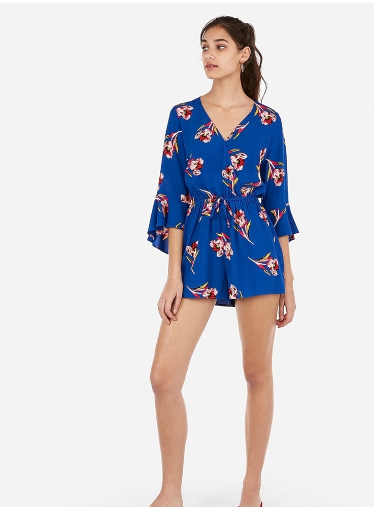 Express Floral Surplice Bell Sleeve Romper